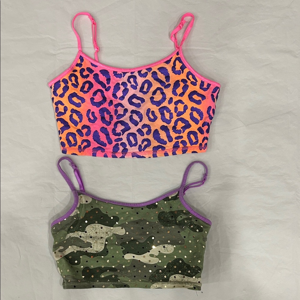 Justice Neon Pink & Purple Leopard Crop Tank + Green Camo Sequin Crop - 2 Pack
